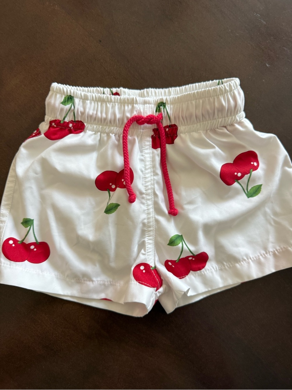 Girls White Cherry-Print Swim Shorts with Pink Drawstring
